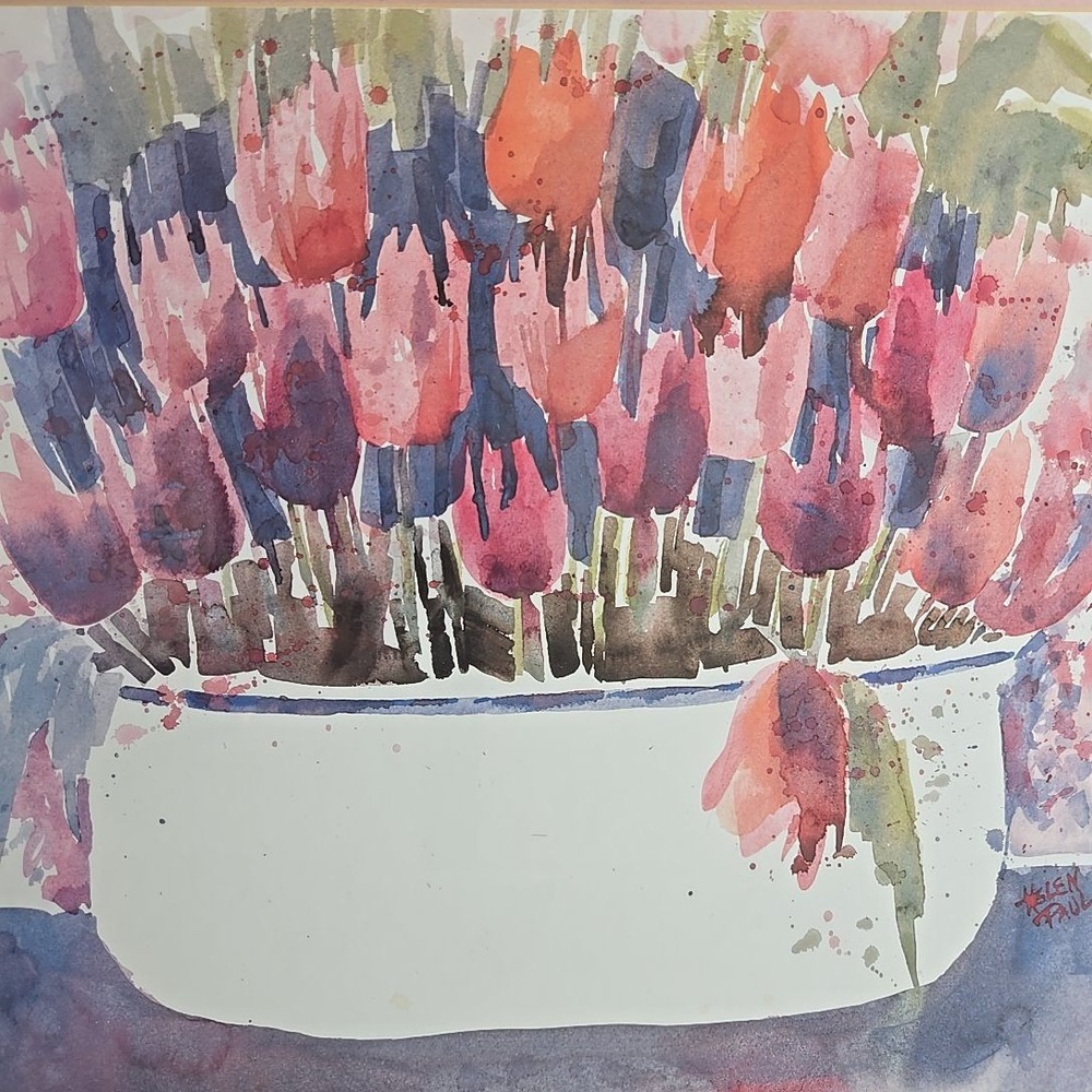 Helen Paul Framed Watercolor Print Tulip Floral Arrangement 22x26 Signed Print - Picture 5 of 7